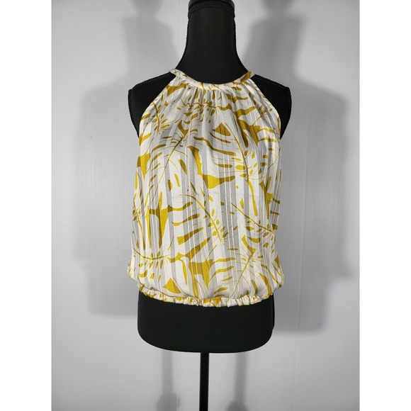 Joie Halter Top Smocked Waist Sleeveless Blouse Yellow Leaf Print Size S - Picture 2 of 11